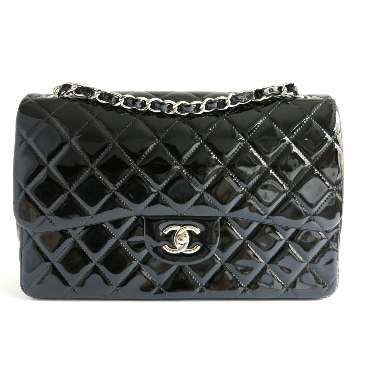CHANEL Jumbo Classic Double Flap Bag in Black Patent Leather