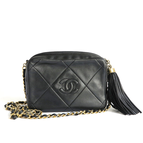 CHANEL Vintage Quilted Logo Camera Bag in Black Lambskin - Dearluxe.com