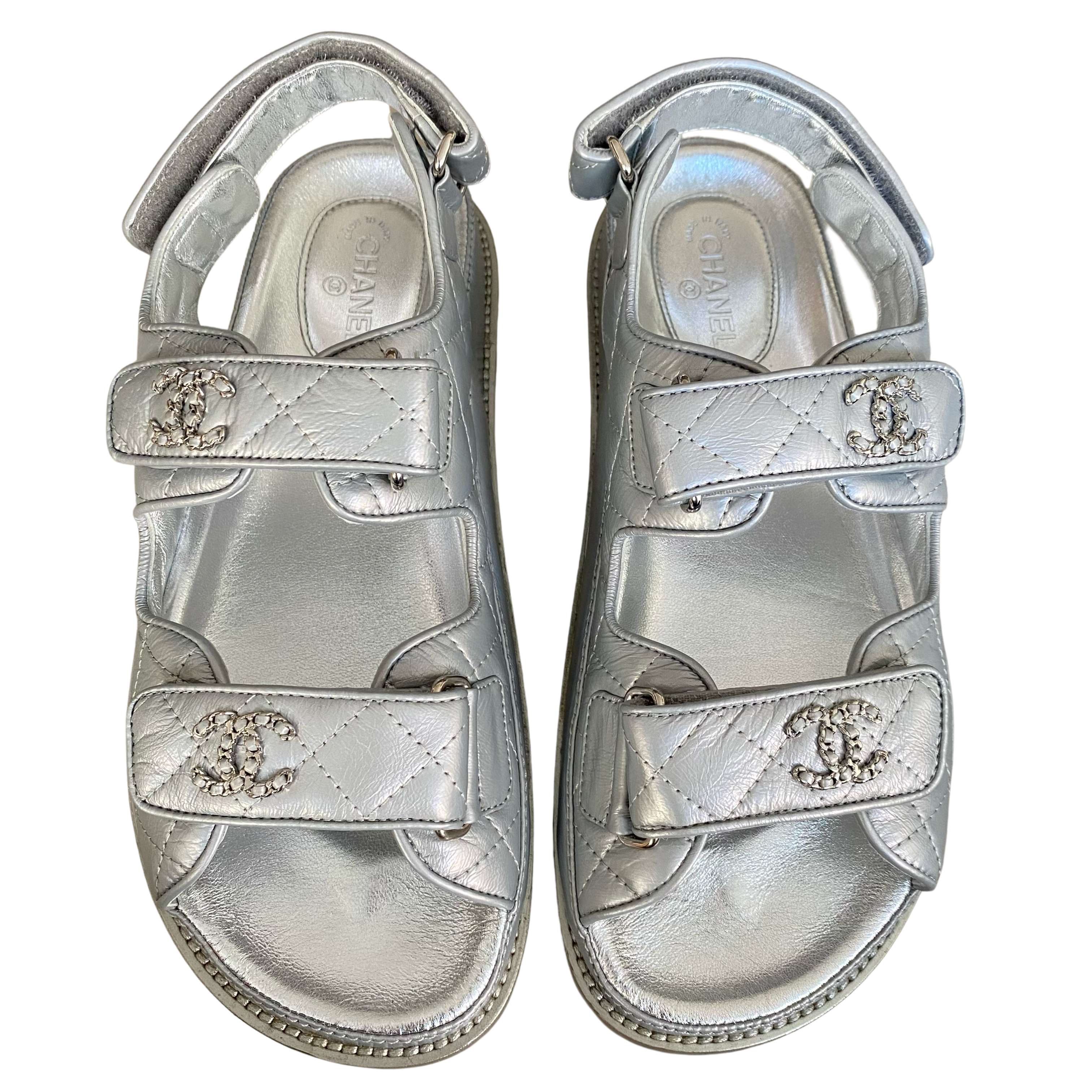 CHANEL Metallic Silver Calfskin CC 'Dad' Velcro Sandals Sz36.5