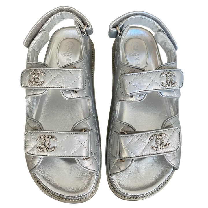 CHANEL Metallic Silver Calfskin CC 'Dad' Velcro Sandals Sz36.5 - Dearluxe.com