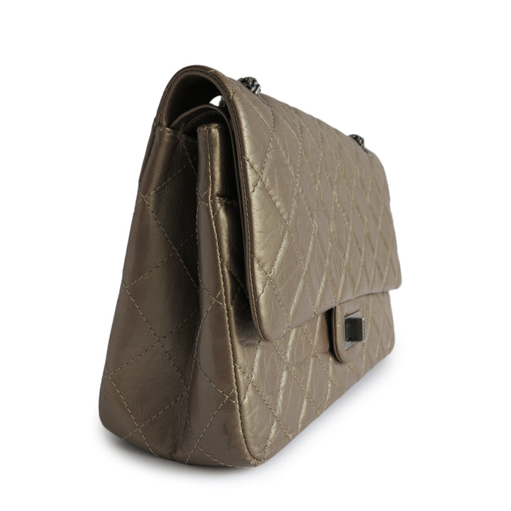 2.55 Handbag, Shiny crumpled calfskin & gold-tone metal, dark gray —  Fashion