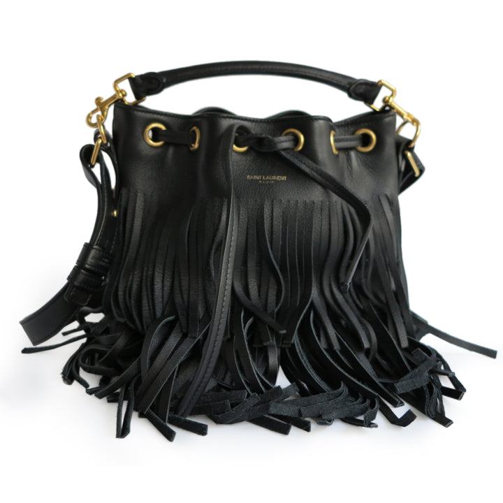 SAINT LAURENT Small Emmanuelle Fringed Leather Bucket Bag in Black - Dearluxe.com