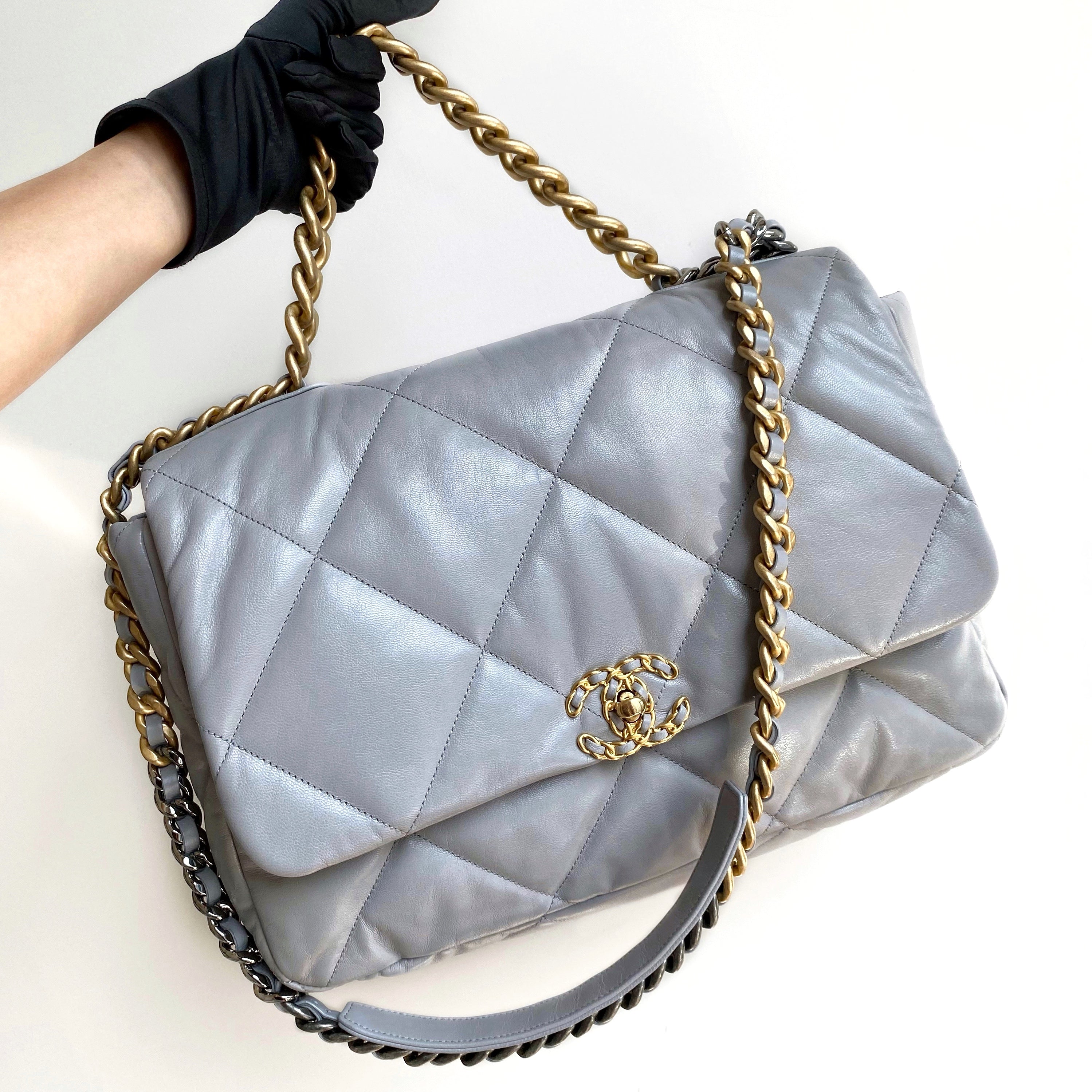 AUTH CHANEL 19 MAXI WITH SILVER AND GOLD HARDWARE