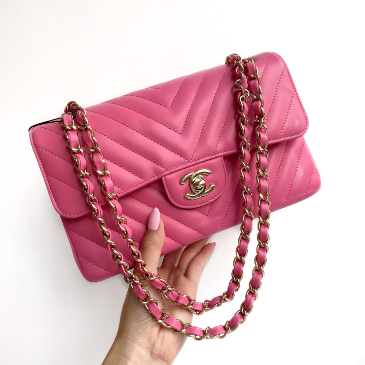 Chanel Small Chevron Classic Double Flap Bag In 19C Barbie Pink Lambskin |  Dearluxe