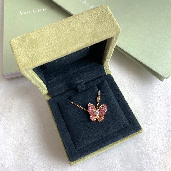 VAN CLEEF & ARPELS Two Butterfly Pink Sapphire Diamond Pendant Necklace in 18k Pink Gold - Dearluxe.com