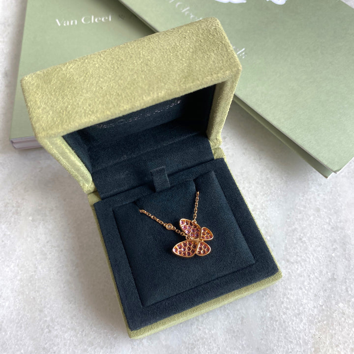 VAN CLEEF & ARPELS Two Butterfly Pink Sapphire Diamond Pendant Necklace in 18k Pink Gold - Dearluxe.com