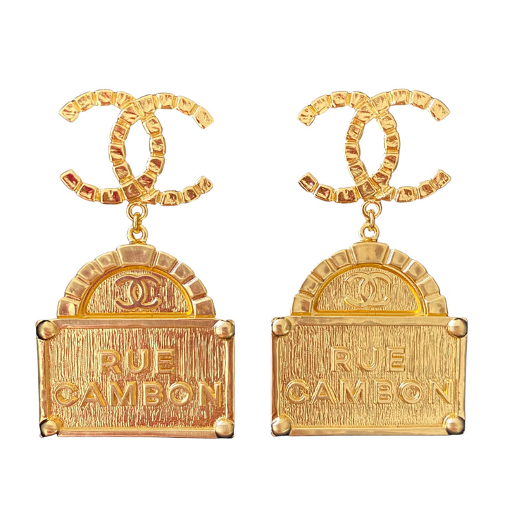 Chanel 22A Oversized Rue Cambon Gold Tag Dangle Earrings AB8650 | Dearluxe