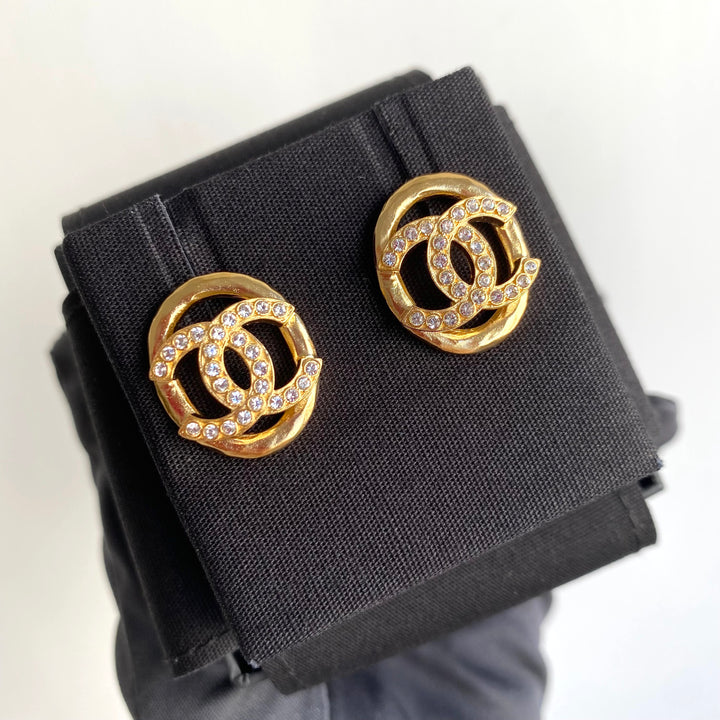 Chanel 22A Oval Cutout Crystal CC Logo Large Gold Earrings | Dearluxe