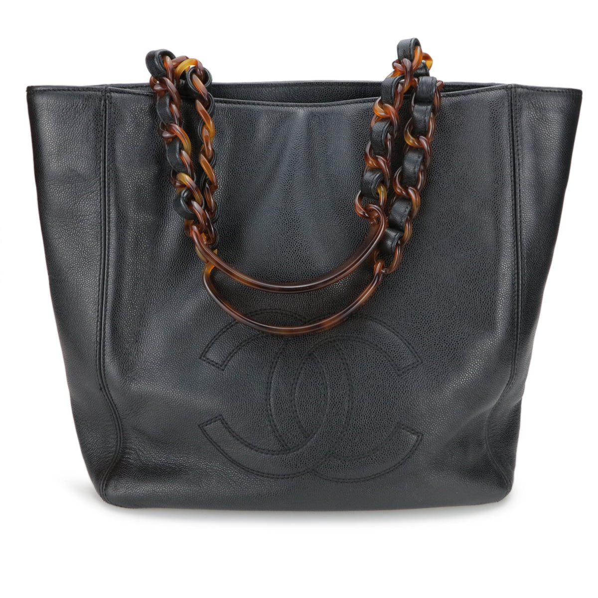 CHANEL Vintage Small Shopping Tote with Tortoise Handle in Black Caviar