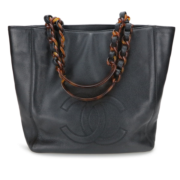 CHANEL Vintage Small Shopping Tote with Tortoise Handle in Black Caviar - Dearluxe.com