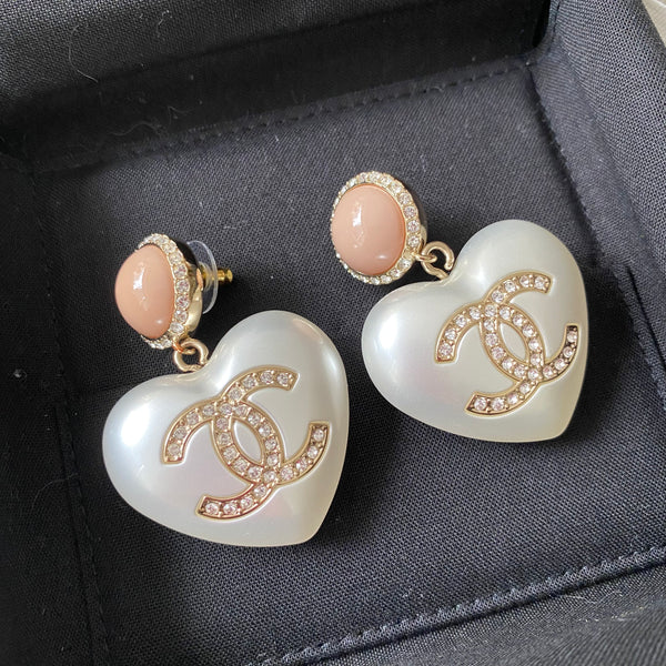 21B Large Heart Pearl Crystal CC Logo Pink Dangle Earrings