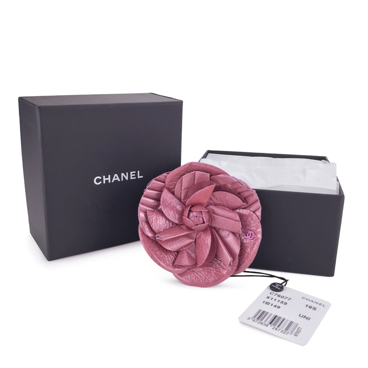CHANEL Camillia Brooch in Pink Patent Leather - Dearluxe.com
