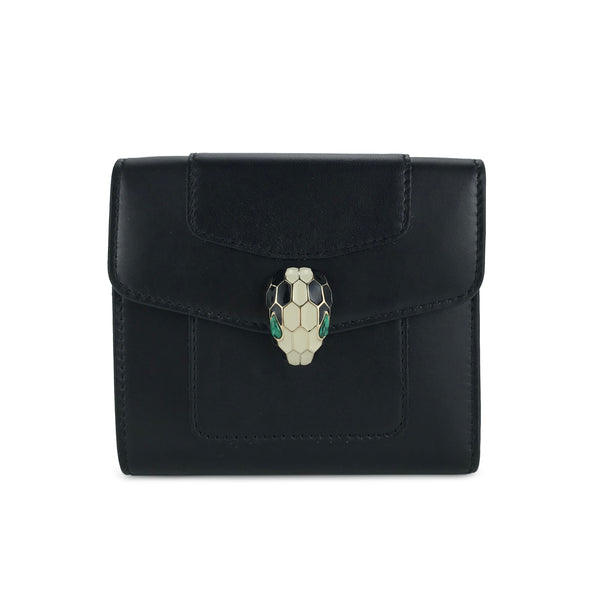 BVLGARI Serpenti Forever Continental Compact Wallet in Black and Emerald Green Calf Leather - Dearluxe.com