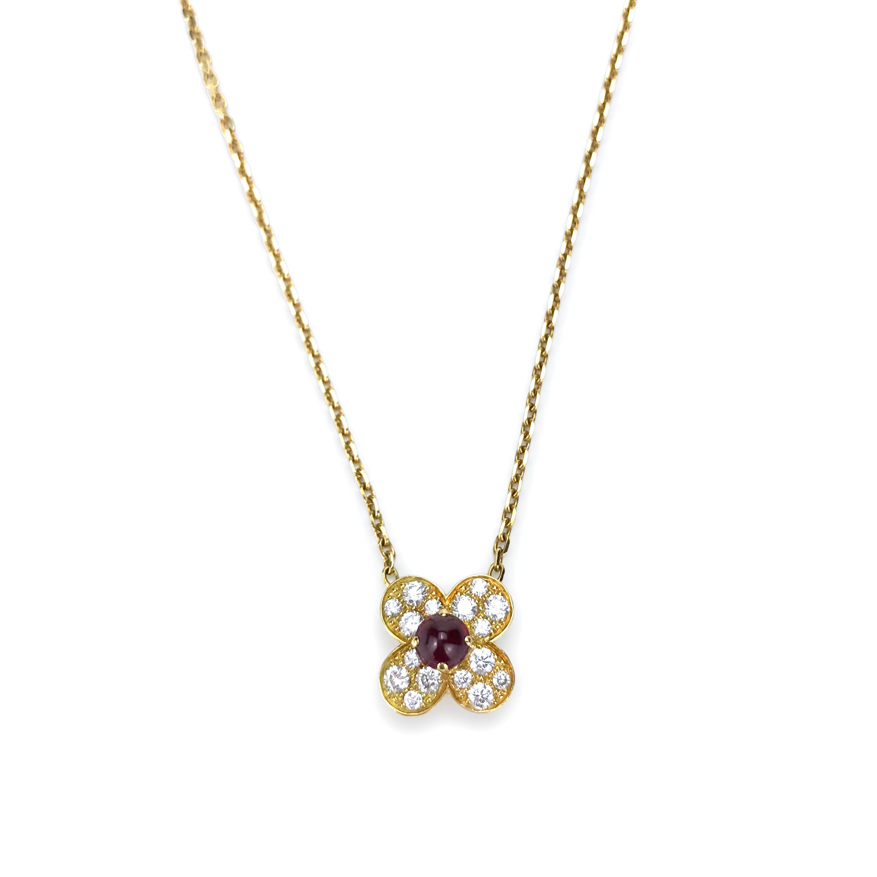 VAN CLEEF & ARPELS Trefle Alhambra Diamond Ruby Necklace in 18k Yellow Gold  – Dearluxe