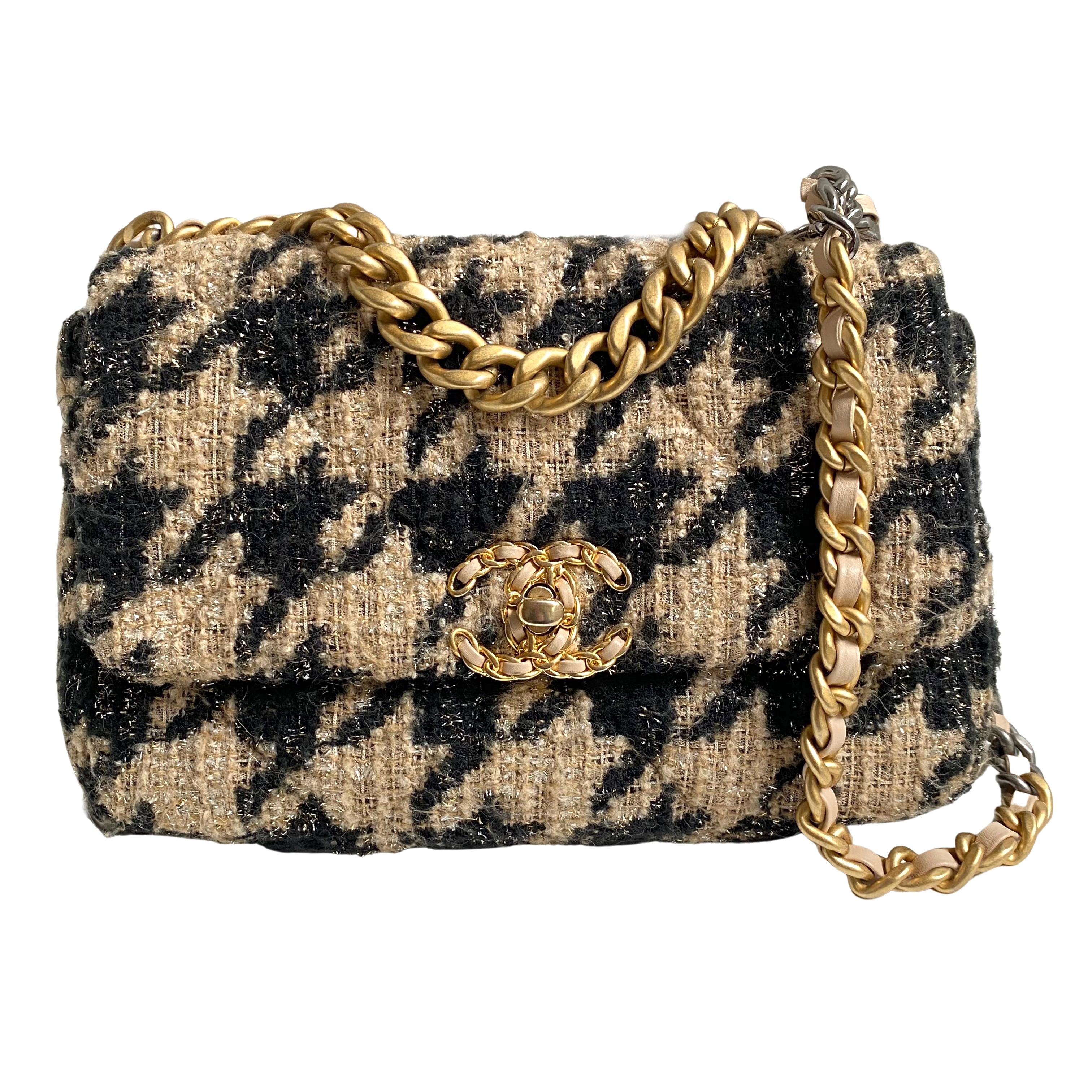 Chanel Black White Tweed Quilted Medium Chanel 19 Flap Bag