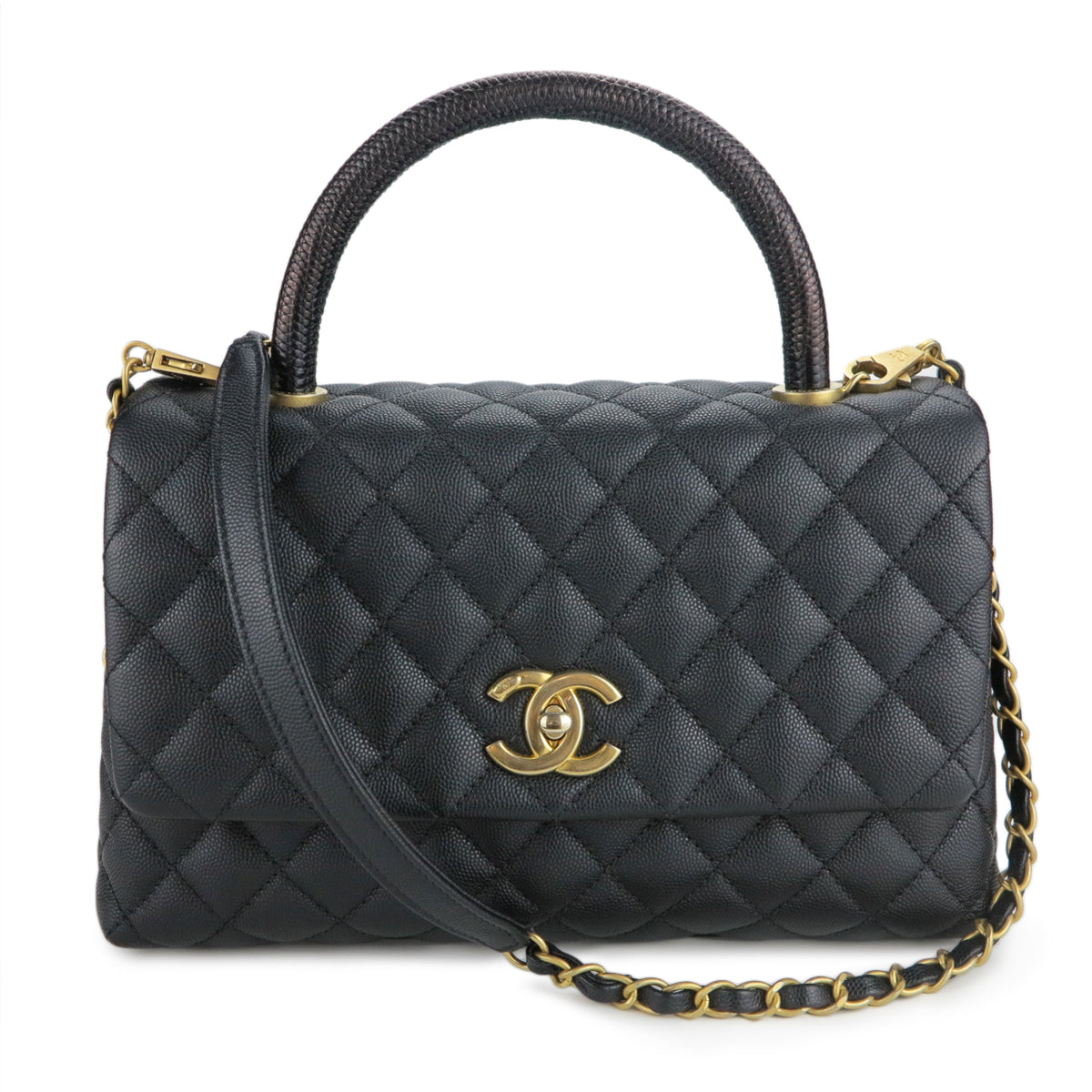 Amazing Chanel Coco handbag in black caviar leather, handle in brown lizard  ! at 1stDibs