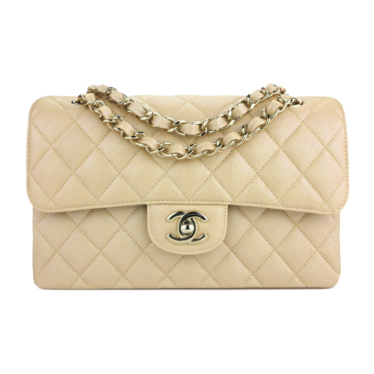 CHANEL Small Classic Double Flap Bag in Iridescent Beige Caviar