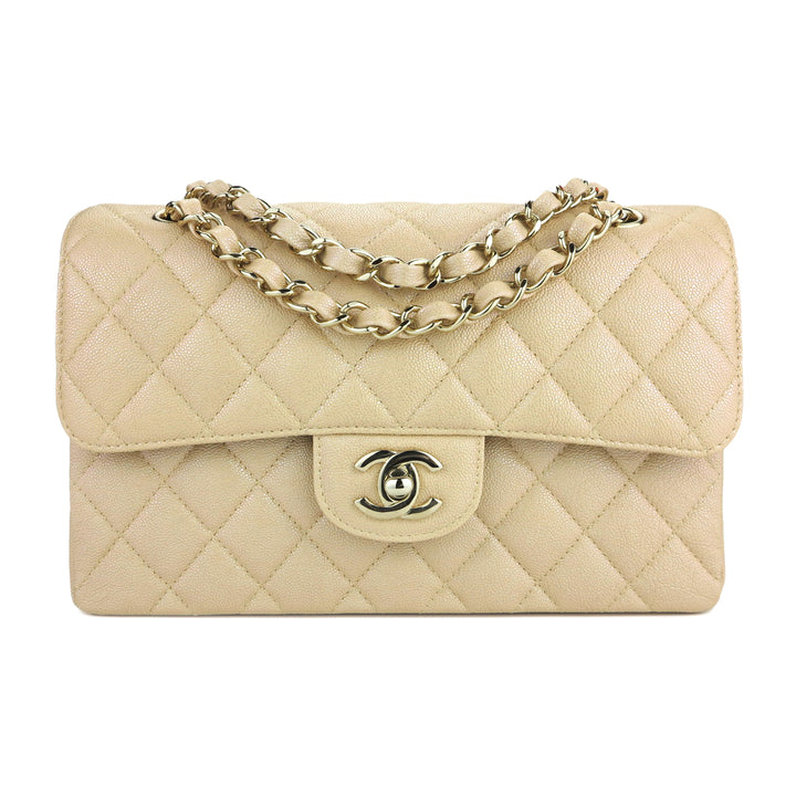 CHANEL Small Classic Double Flap Bag in Iridescent Beige Caviar | Dearluxe