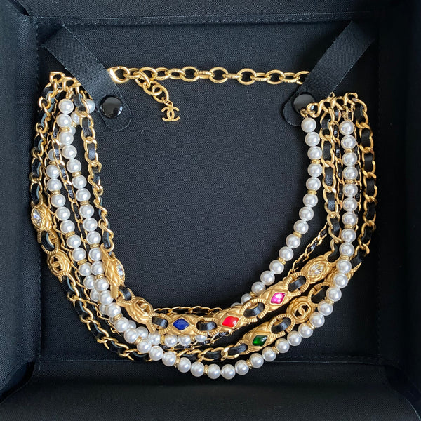 CHANEL 20C Jewel Tone Gripoix Pearl Gold Leather Chain Multi-Strand Choker Necklace - Dearluxe.com