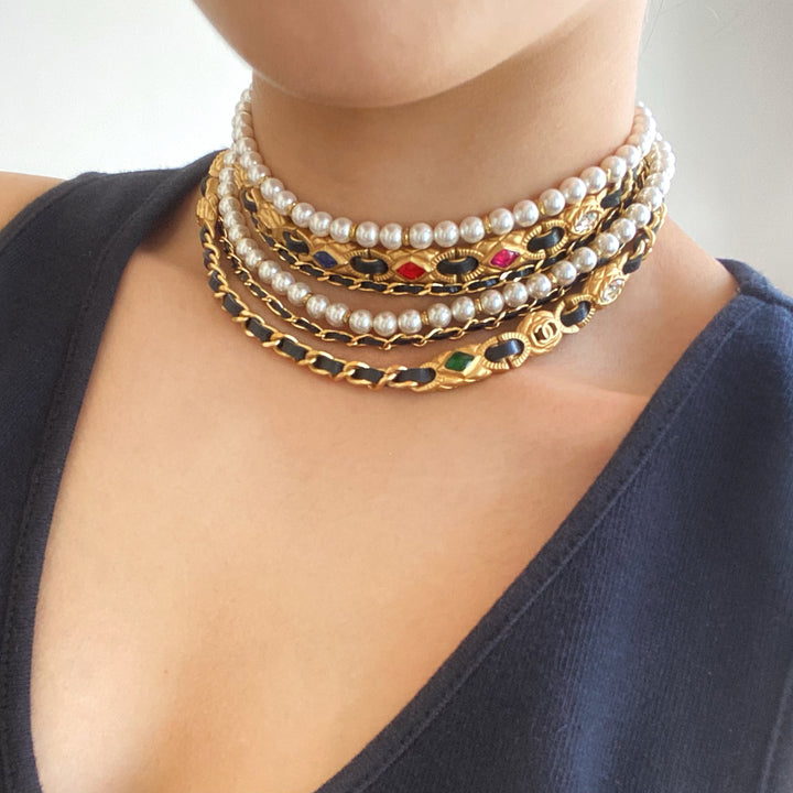 20C Jewel Tone Gripoix Pearl Gold Leather Chain Multi-Strand Choker Necklace