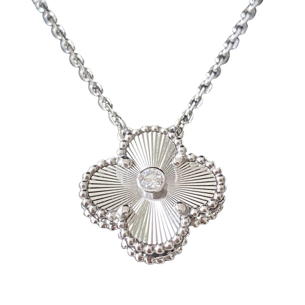 VAN CLEEF & ARPELS 2020 White Gold Guilloché Vintage Alhambra Diamond Holiday Pendant Necklace - Dearluxe.com