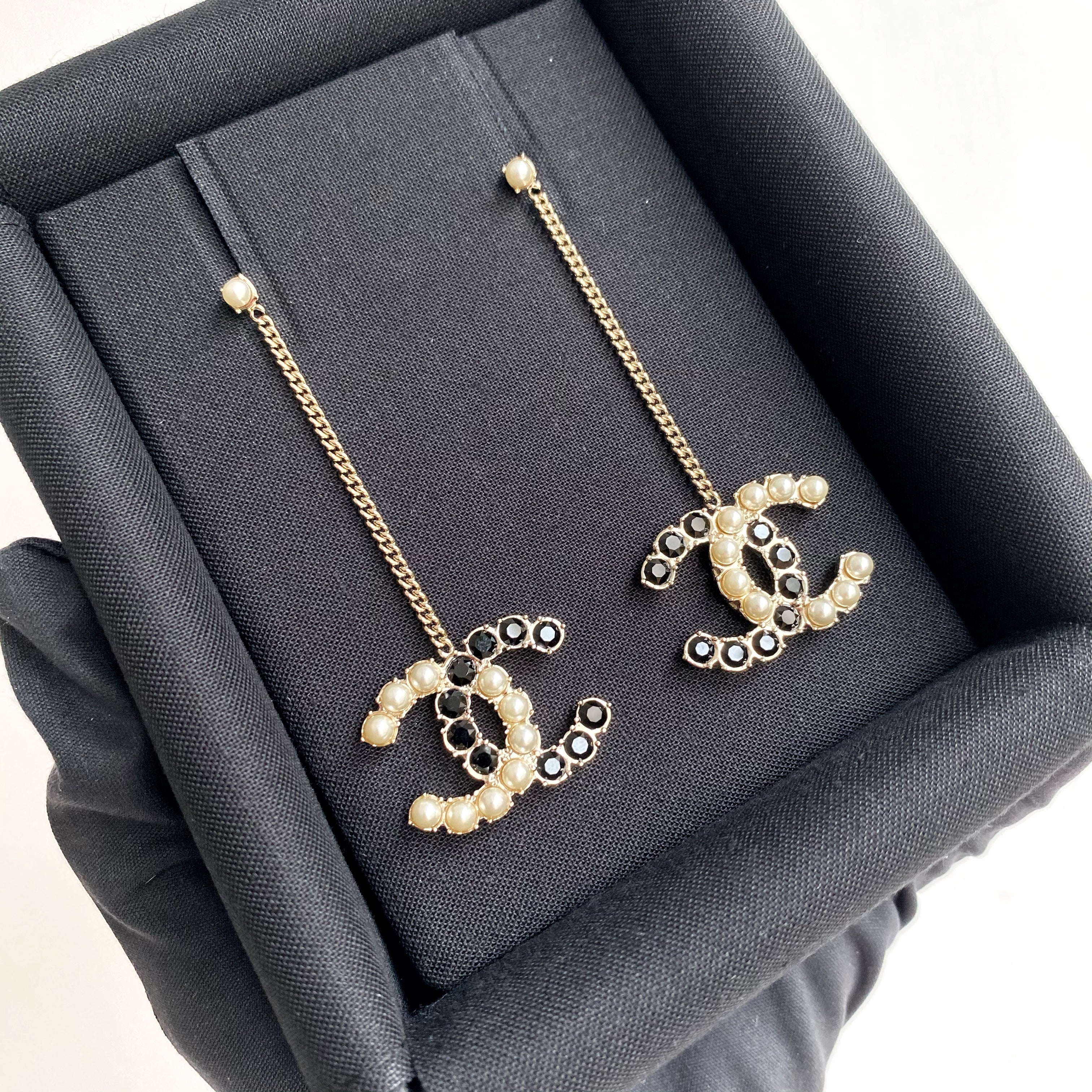 CHANEL 20B Black and White Crystal Pearl CC Long Drop Earrings