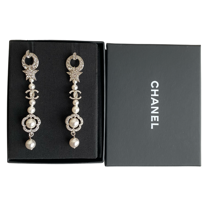 CHANEL 20C Star Camellia CC Logo Crystal Pearl Long Drop Earrings - Dearluxe.com