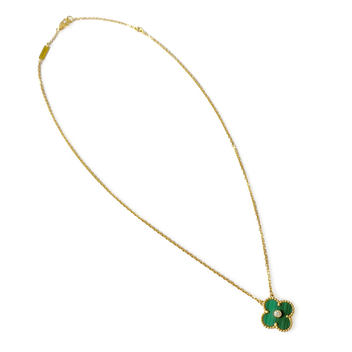 VAN CLEEF & ARPELS Vintage Alhambra 2013 Holiday Diamond Pendant Necklace in Malachite 18k Yellow Gold - Dearluxe.com