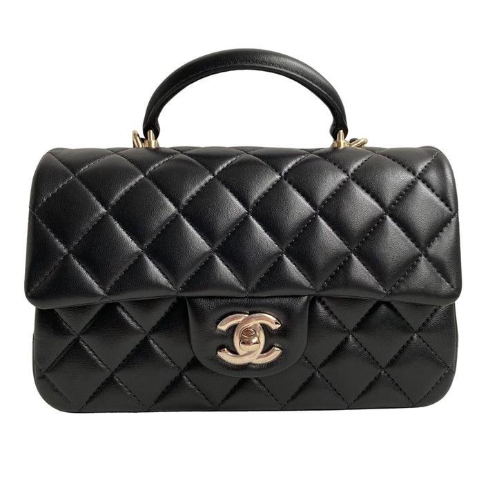 CHANEL Black Lambskin Quilted Mini Top Handle Rectangular Flap