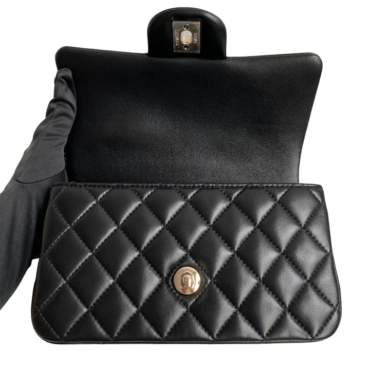 CHANEL Black Lambskin Quilted Mini Top Handle Rectangular Flap