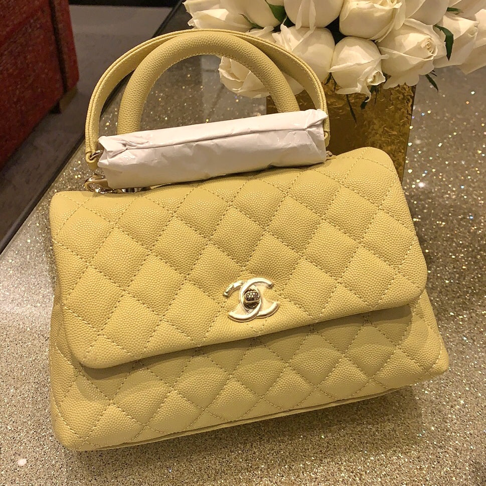 Mini Coco Handle Flap Bag in Yellow Caviar