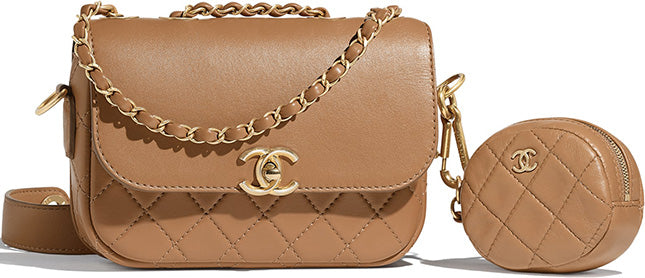 CHANEL 19K Caramel Calfskin Quilted Multi Pouching Flap Bag With