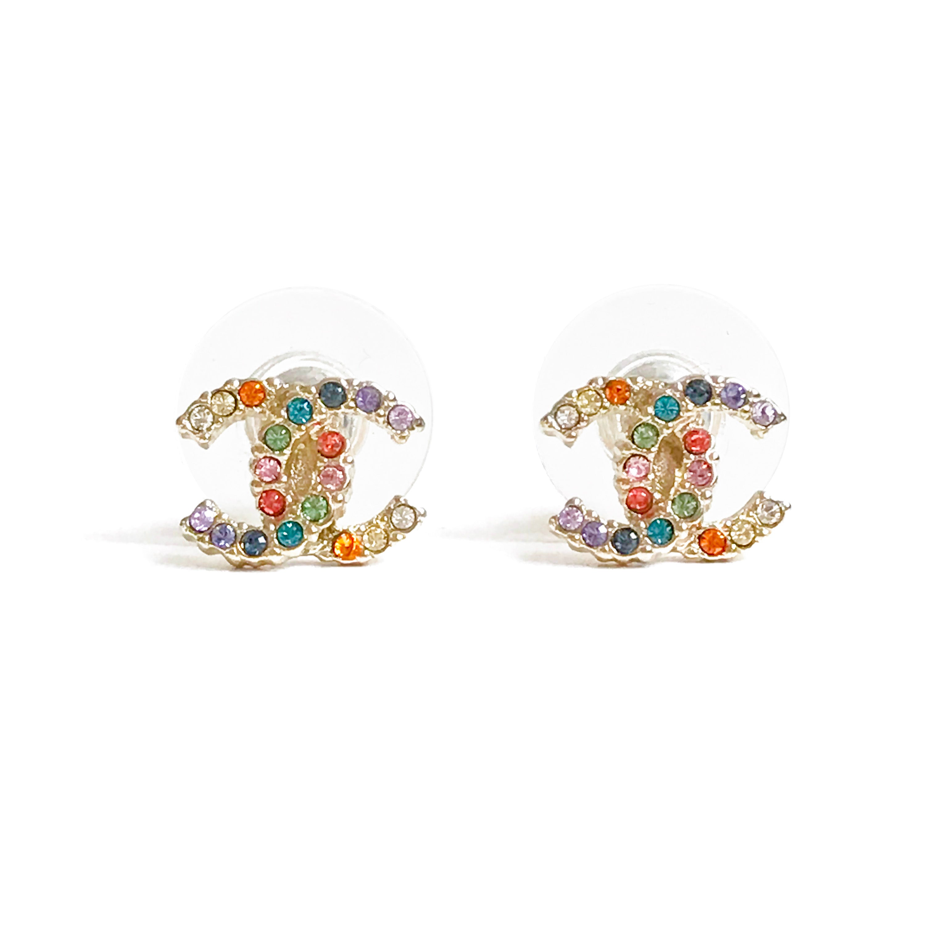 CHANEL Rainbow Crystal Mini CC Logo Stud Earrings