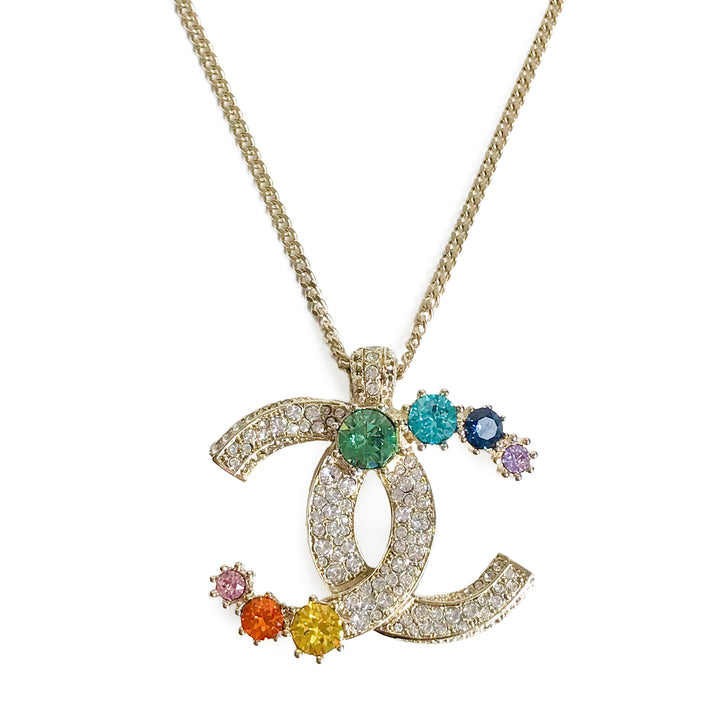 CHANEL Rainbow Crystal Oversized CC Logo Necklace - Dearluxe.com