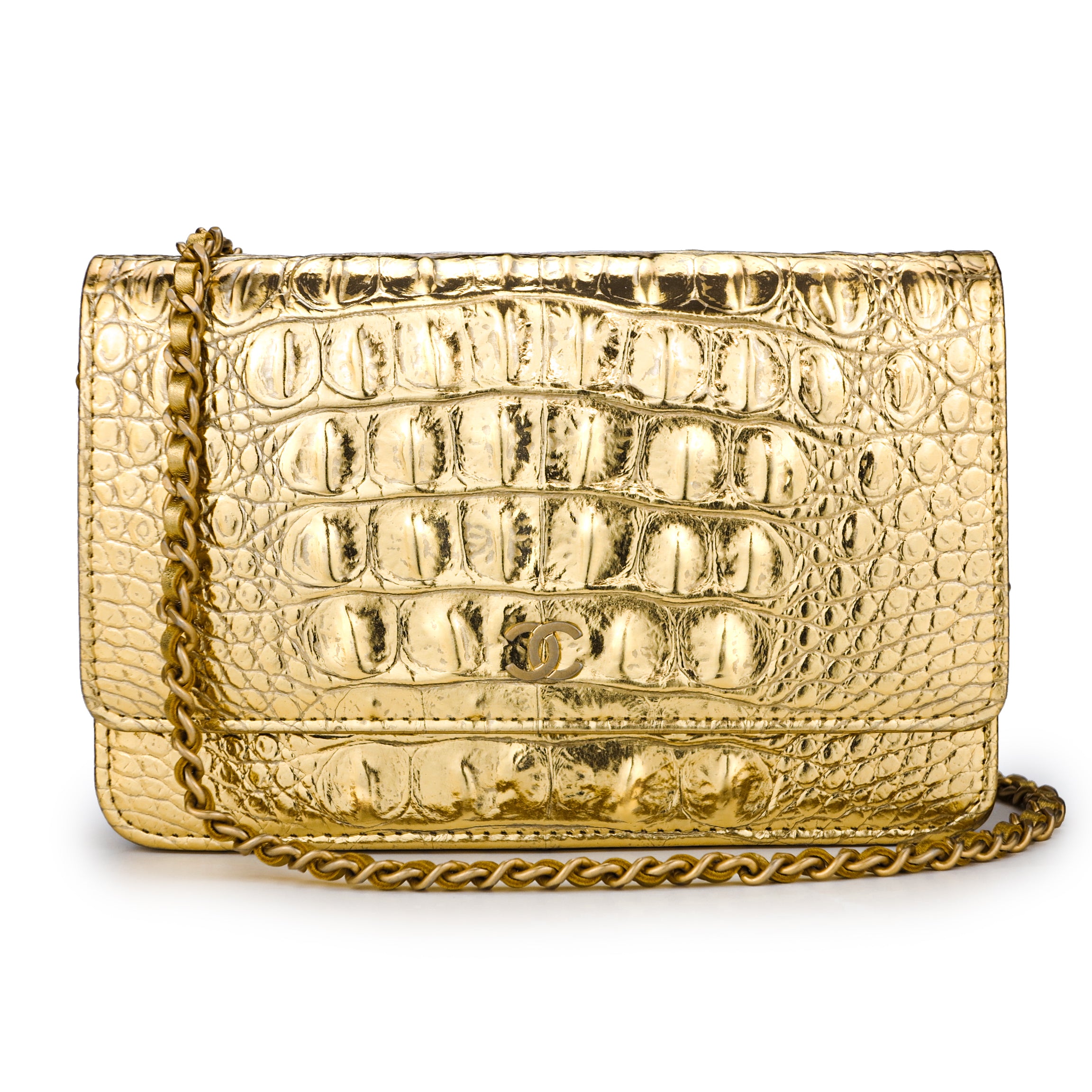 CHANEL Gold Metallic Crocodile Embossed Leather Small Wallet - ShopperBoard