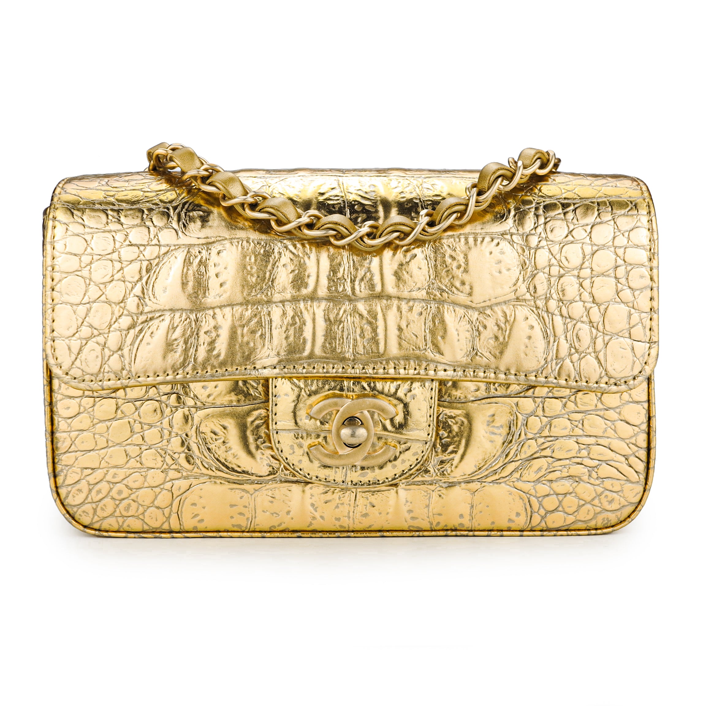 CHANEL Mini Rectangular Flap Bag in Gold Croc Embossed