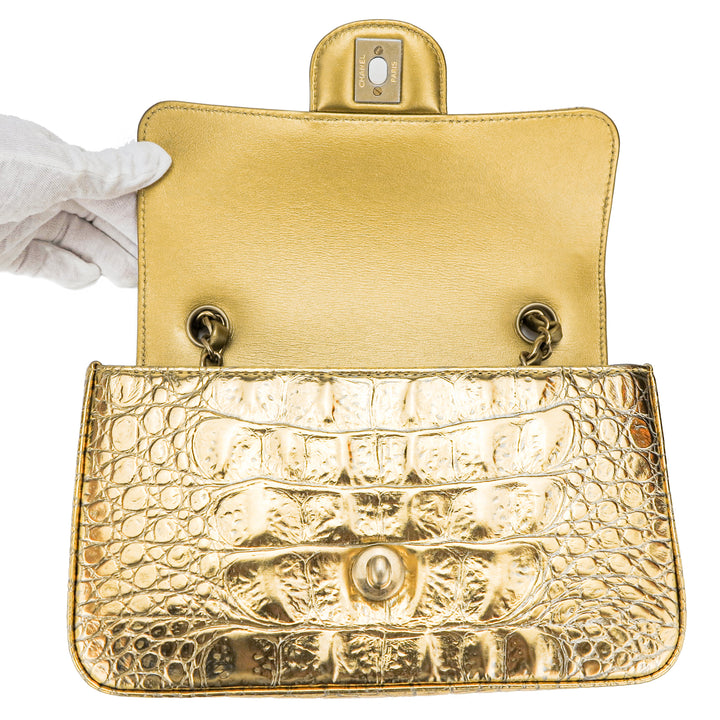 Mini Rectangular Flap Bag in Gold Croc Embossed Calfskin