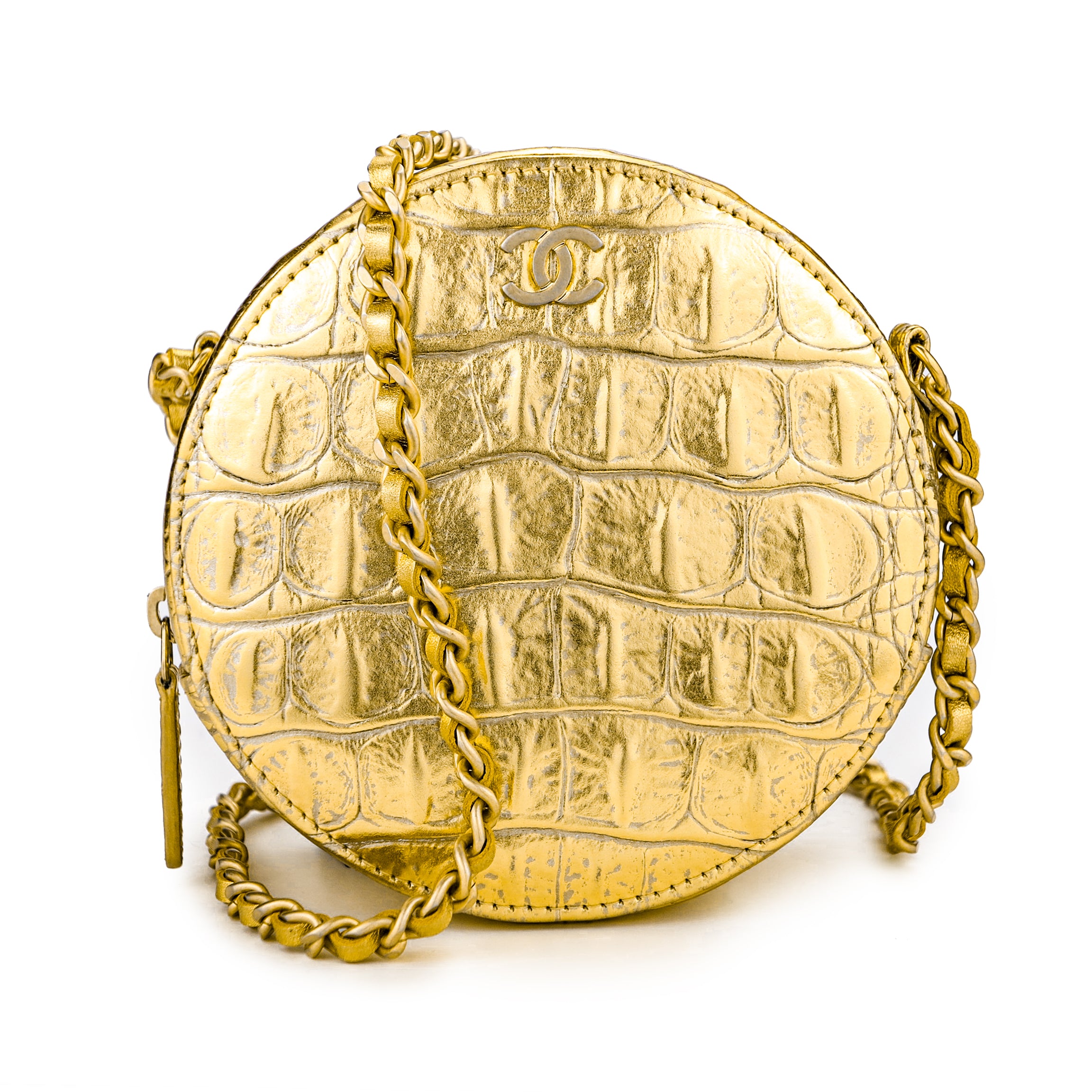 Chanel Grey Chèvre Camellia Embossed Round Clutch With Chain