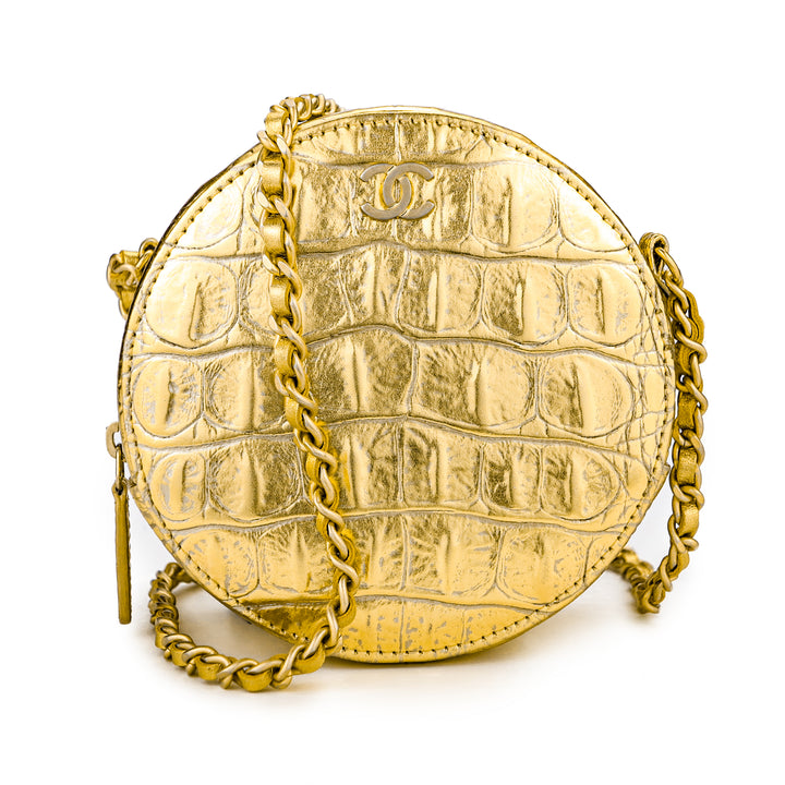 CHANEL Round Clutch With Chain in Gold Croc Embossed Calfskin - Dearluxe.com