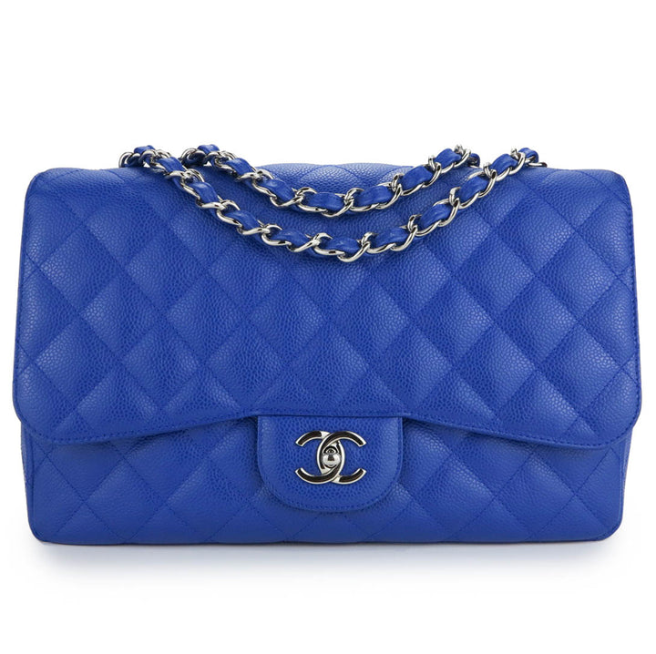 Chanel Metallic Blue Quilted Patent Jumbo Classic Double Flap Ruthenium Hardware, 2012-2013 (Very Good), Womens Handbag