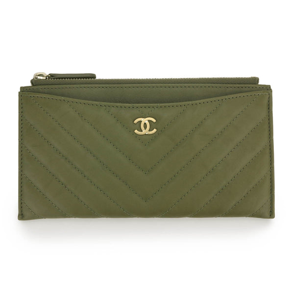 CHANEL Long Flat Wallet Pouch in Khaki Green - Dearluxe.com
