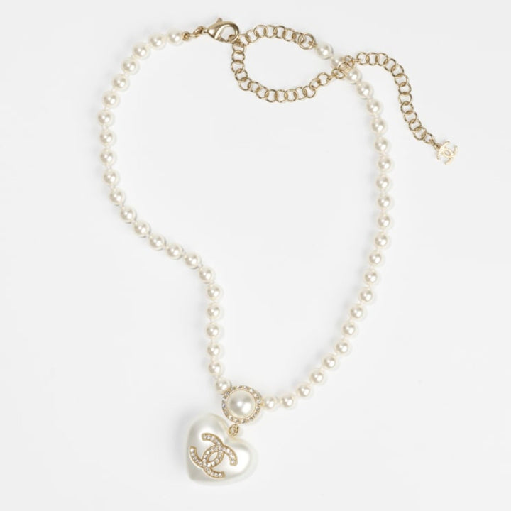 CHANEL, Jewelry, Chanel Resin Crystal Cc Heart Necklace Pearly White Gold