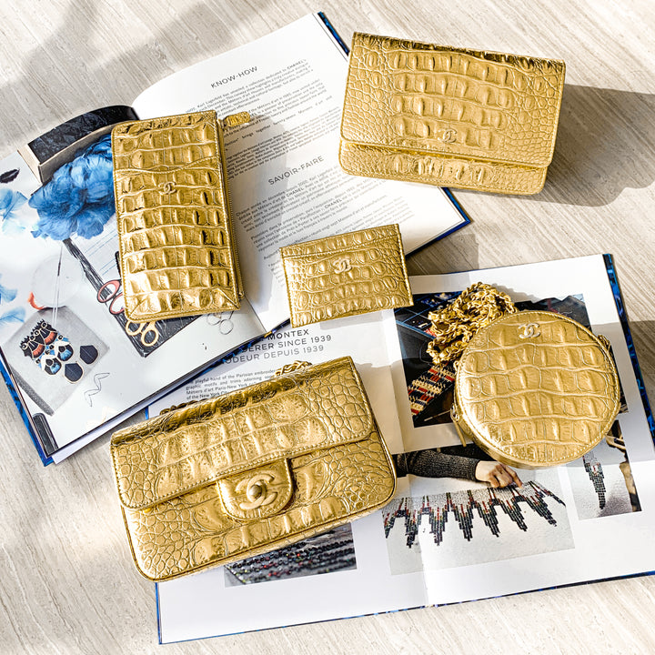 CHANEL Round Clutch With Chain in Gold Croc Embossed Calfskin - Dearluxe.com