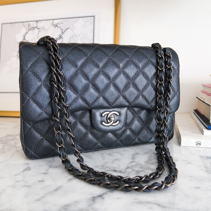 CHANEL Jumbo Classic Double Flap Bag in Pearly Charcoal Caviar - Dearluxe.com