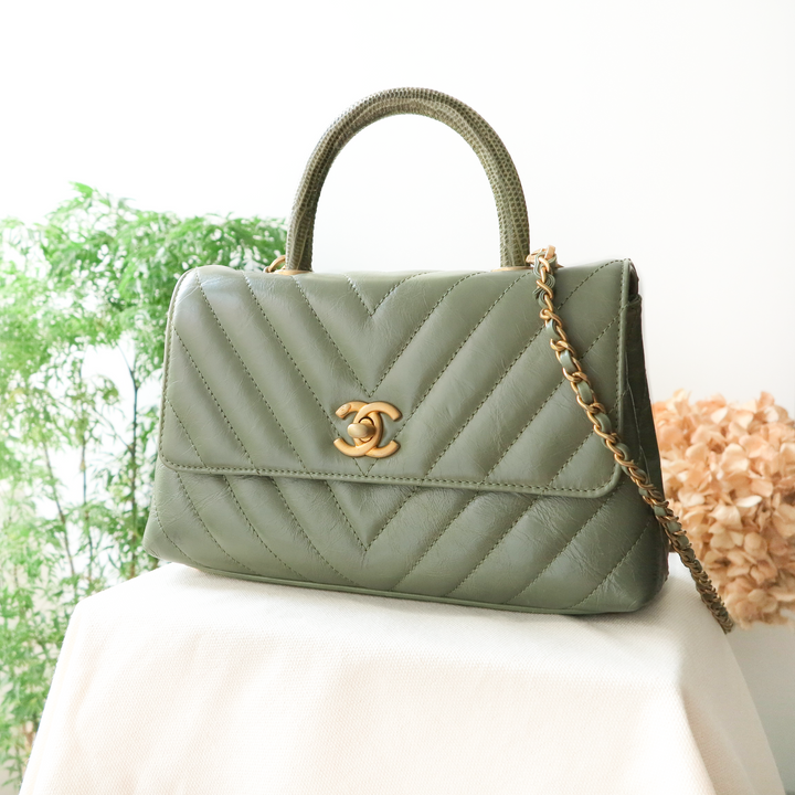 Chanel Mini Coco Handle Bag with Lizard Handle in Khaki Green | Dearluxe