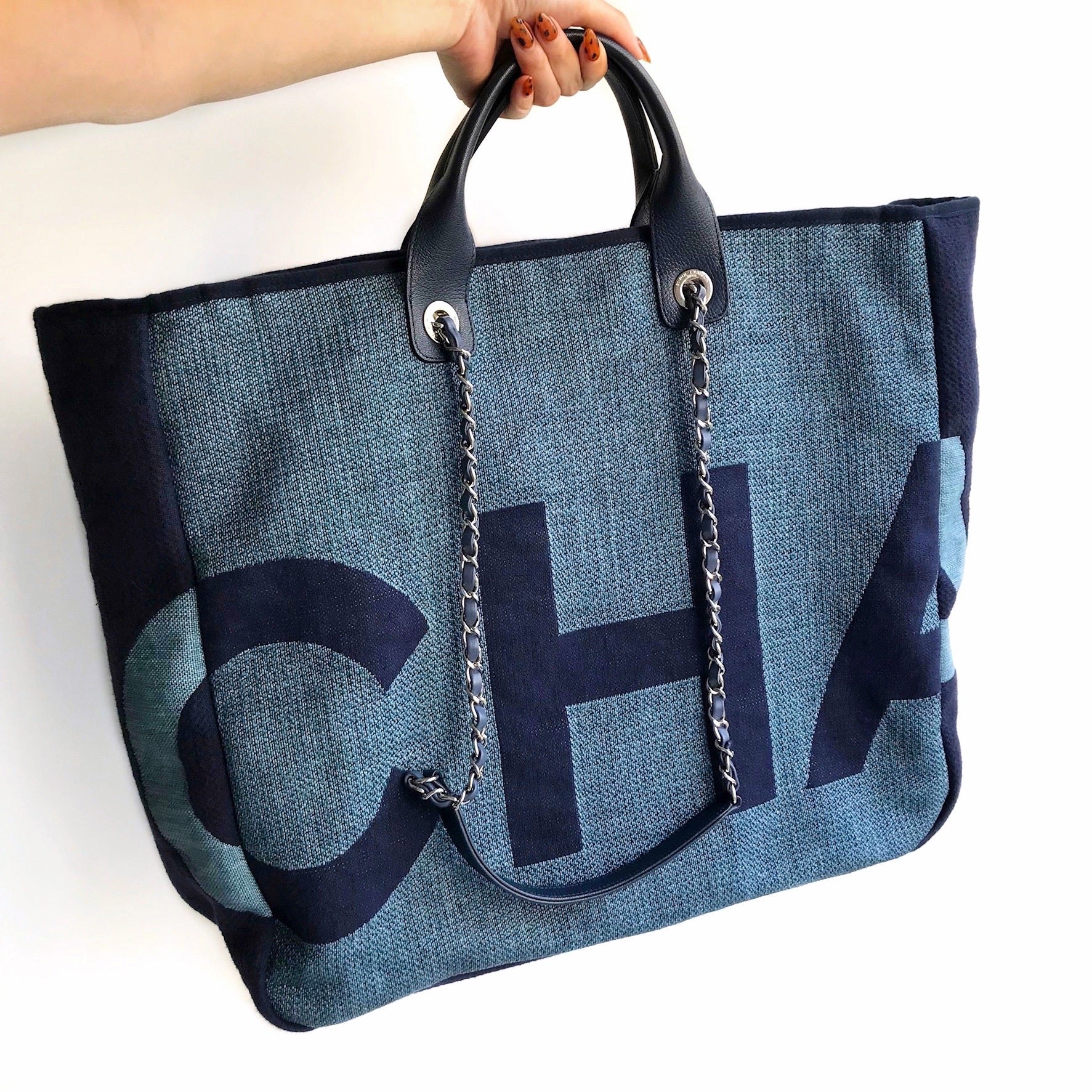 CHANEL CHA NEL Large Blue Canvas Deauville Shopping Tote Dearluxe