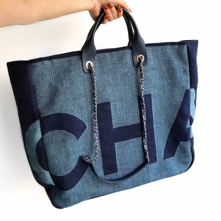 CHA NEL Large Blue Canvas Deauville Shopping Tote