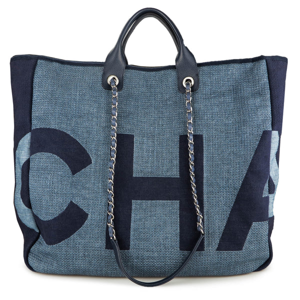 CHANEL CHA NEL Large Blue Canvas Deauville Shopping Tote - Dearluxe.com