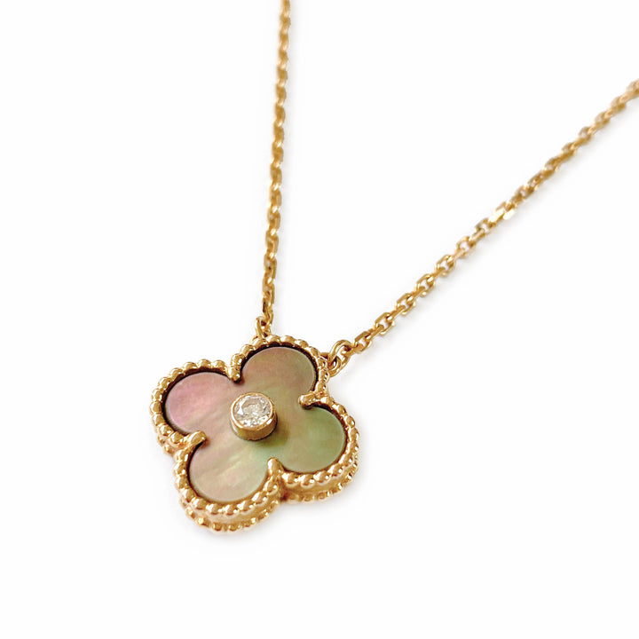 VAN CLEEF & ARPELS Vintage Alhambra 2014 Holiday Diamond Pendant Necklace in Grey MOP 18k Pink Gold - Dearluxe.com