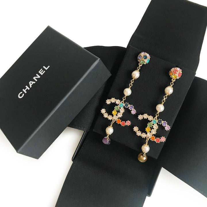 CHANEL Rainbow Crystal CC Logo Dangle Earrings - Dearluxe.com